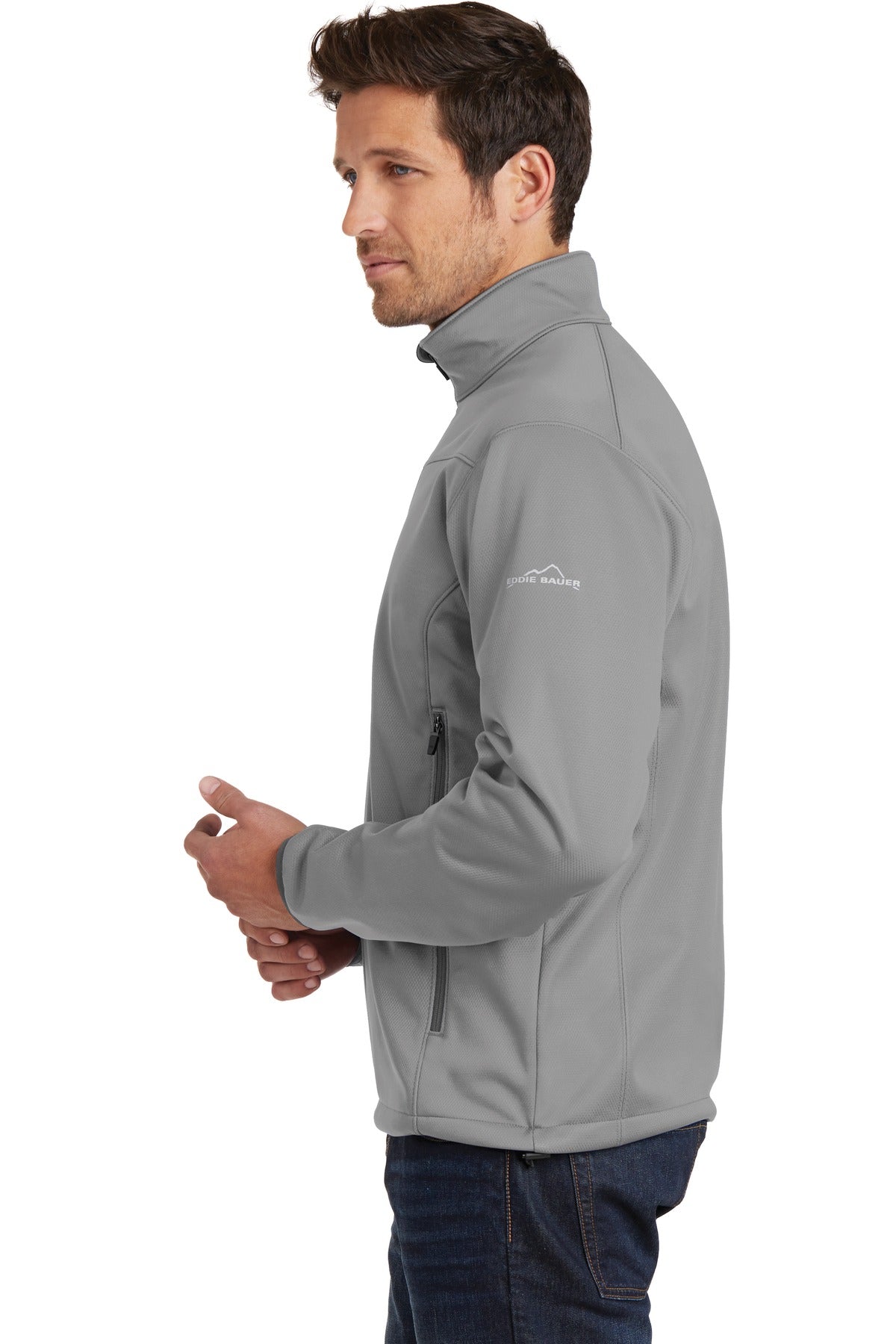 Left View of Chrome Eddie Bauer Weather-Resist Soft Shell Jacket. EB538 plain