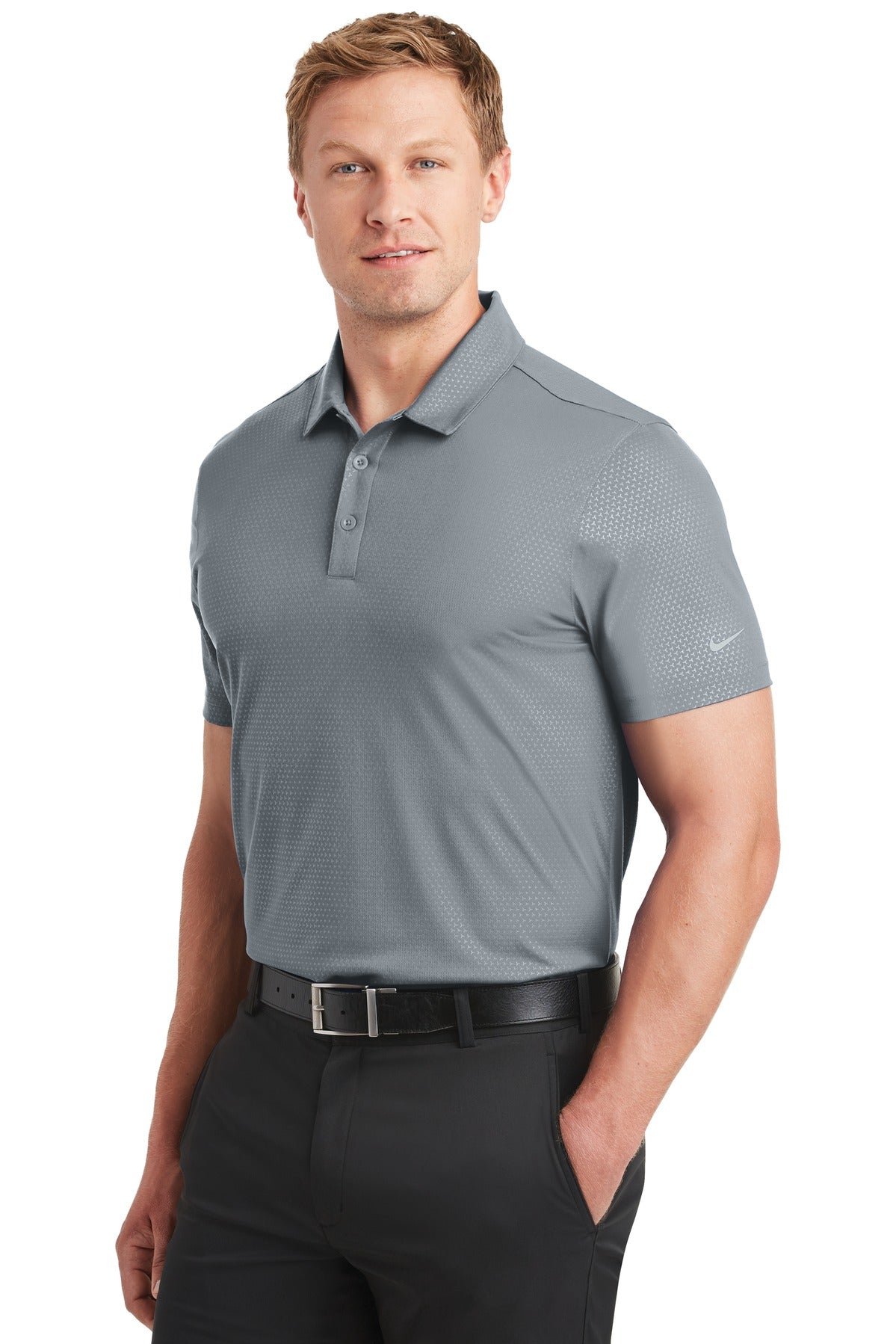 Left View of Cool Grey Nike Dri-FIT Embossed Tri-Blade Polo. 838964 plain