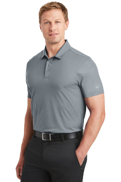 Left View of Cool Grey Nike Dri-FIT Embossed Tri-Blade Polo. 838964 plain