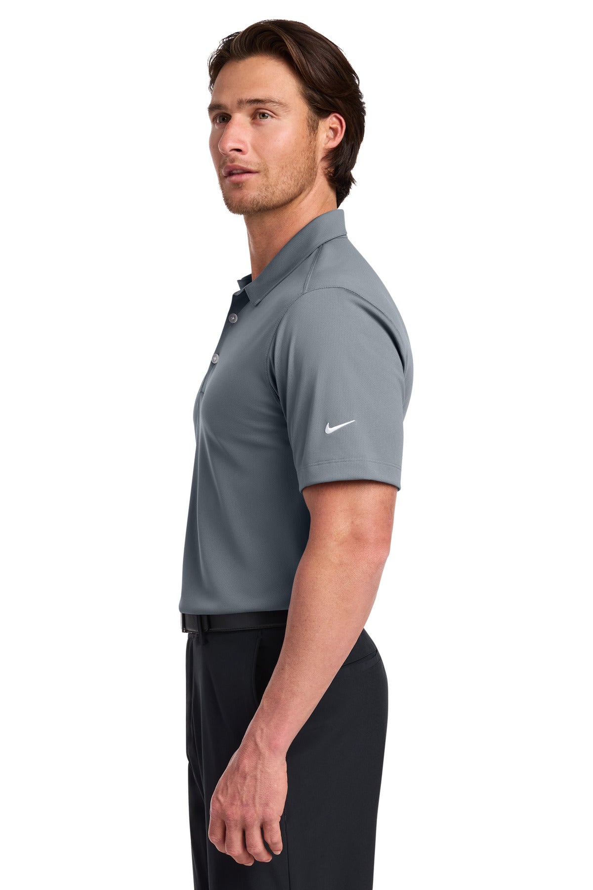 Left View of Cool Grey Nike Dri-FIT Vertical Mesh Polo. 637167 plain