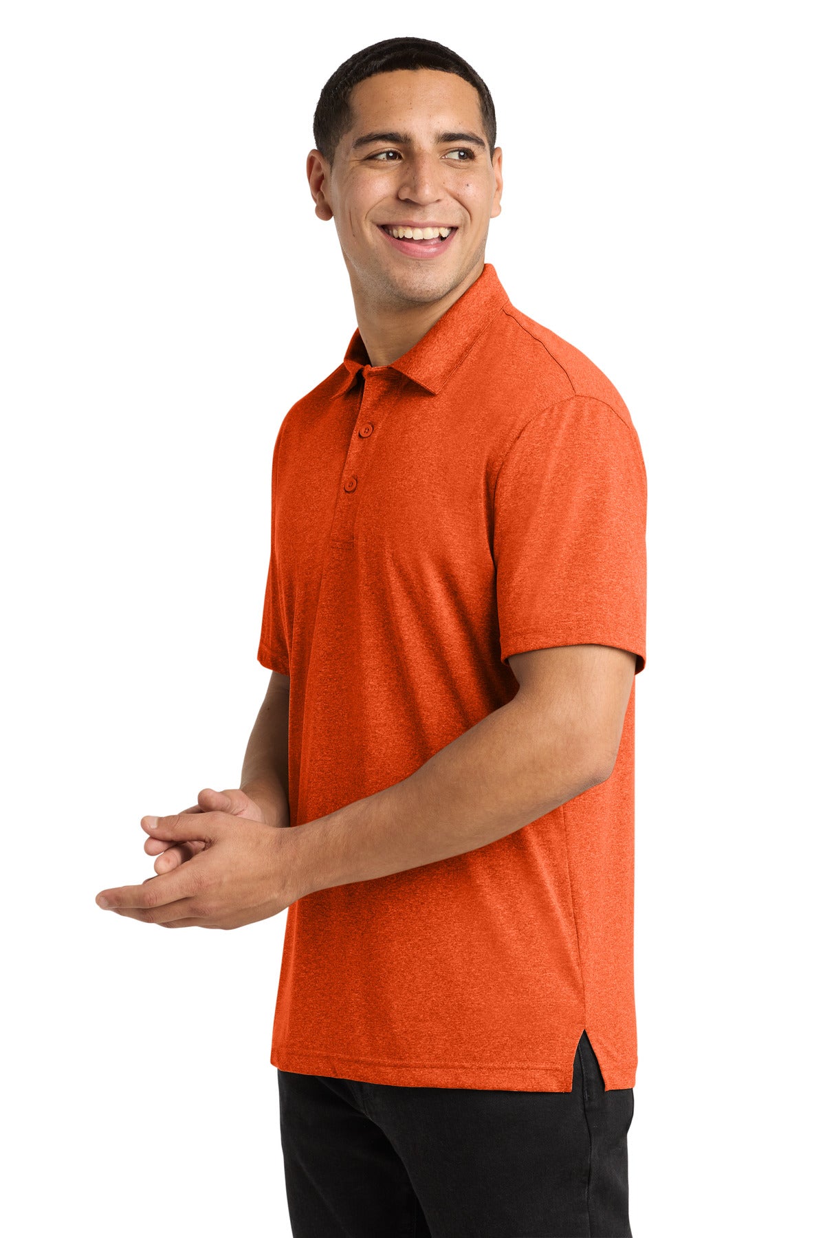 Left View of Deep Orange HR Sport-Tek Heather Contender Polo. ST660 plain