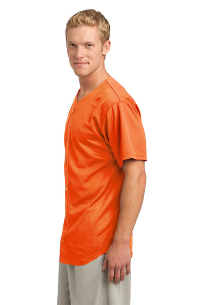 Left View of Deep Orange Sport-Tek PosiCharge Tough Mesh Full-Button Jersey. ST220 plain