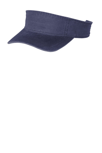 Left View of Denim Blue Port Authority Beach Wash Visor. C944 plain