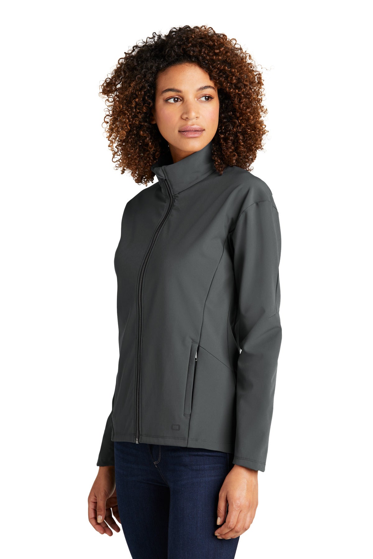 Left View of DieselGrey OGIO Women's Commuter Full-Zip Soft Shell LOG755 plain