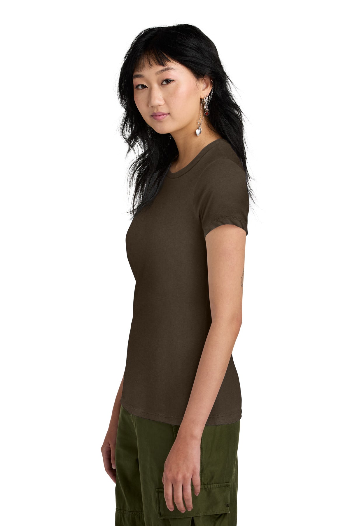 Left View of Espresso District Women's Perfect Weight Tee. DM104L plain