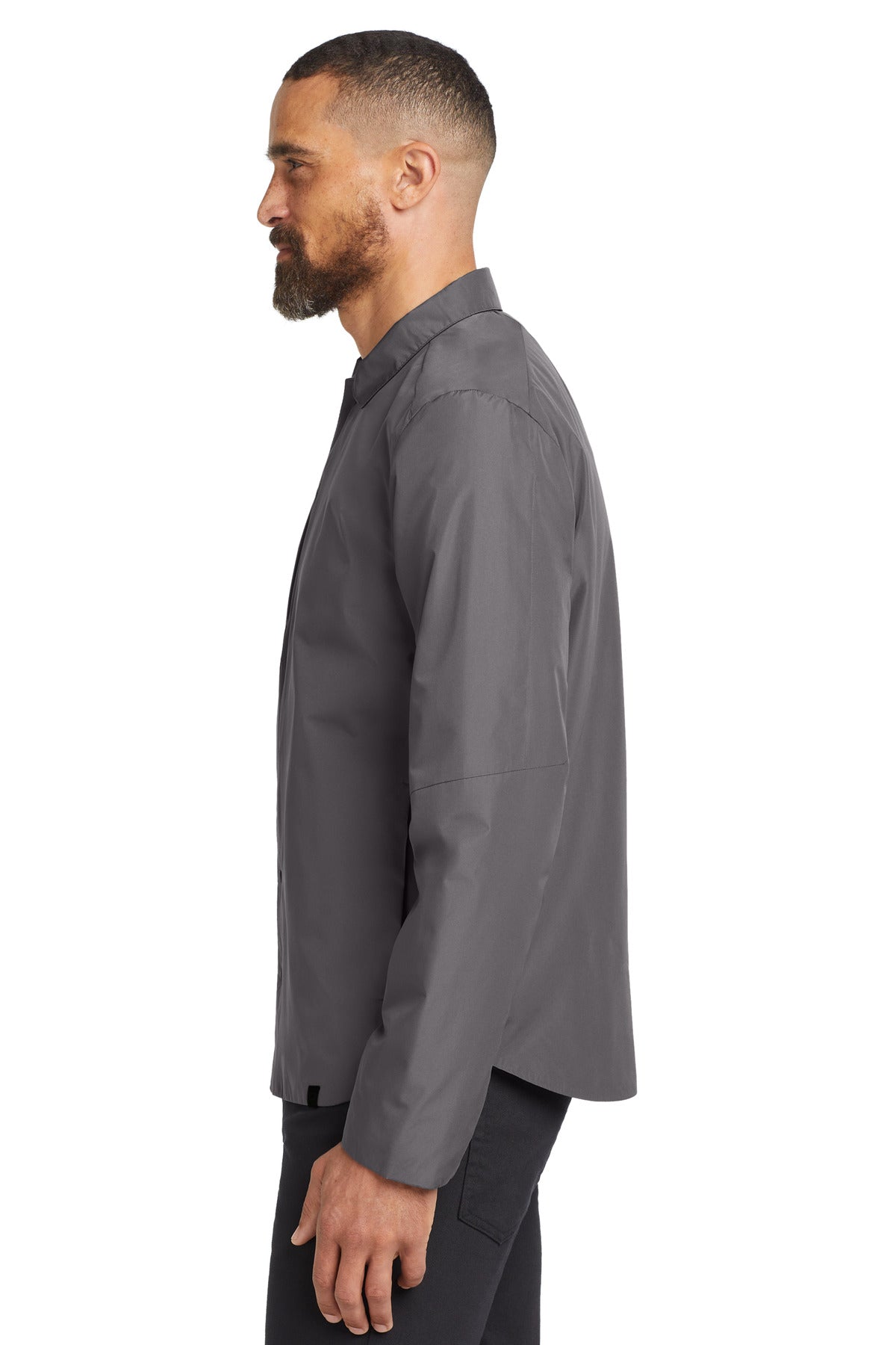 Left View of Gear Grey OGIO Reverse Shirt Jacket. OG754 plain