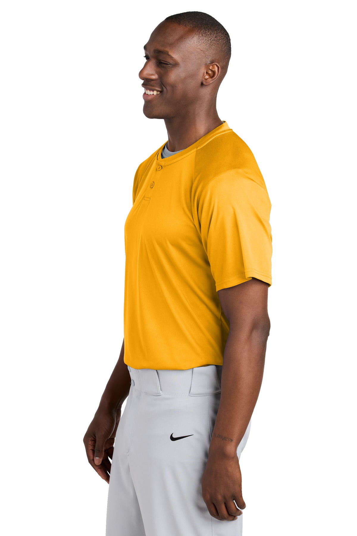Left View of Gold Sport-Tek PosiCharge Competitor 2-Button Henley ST359 plain