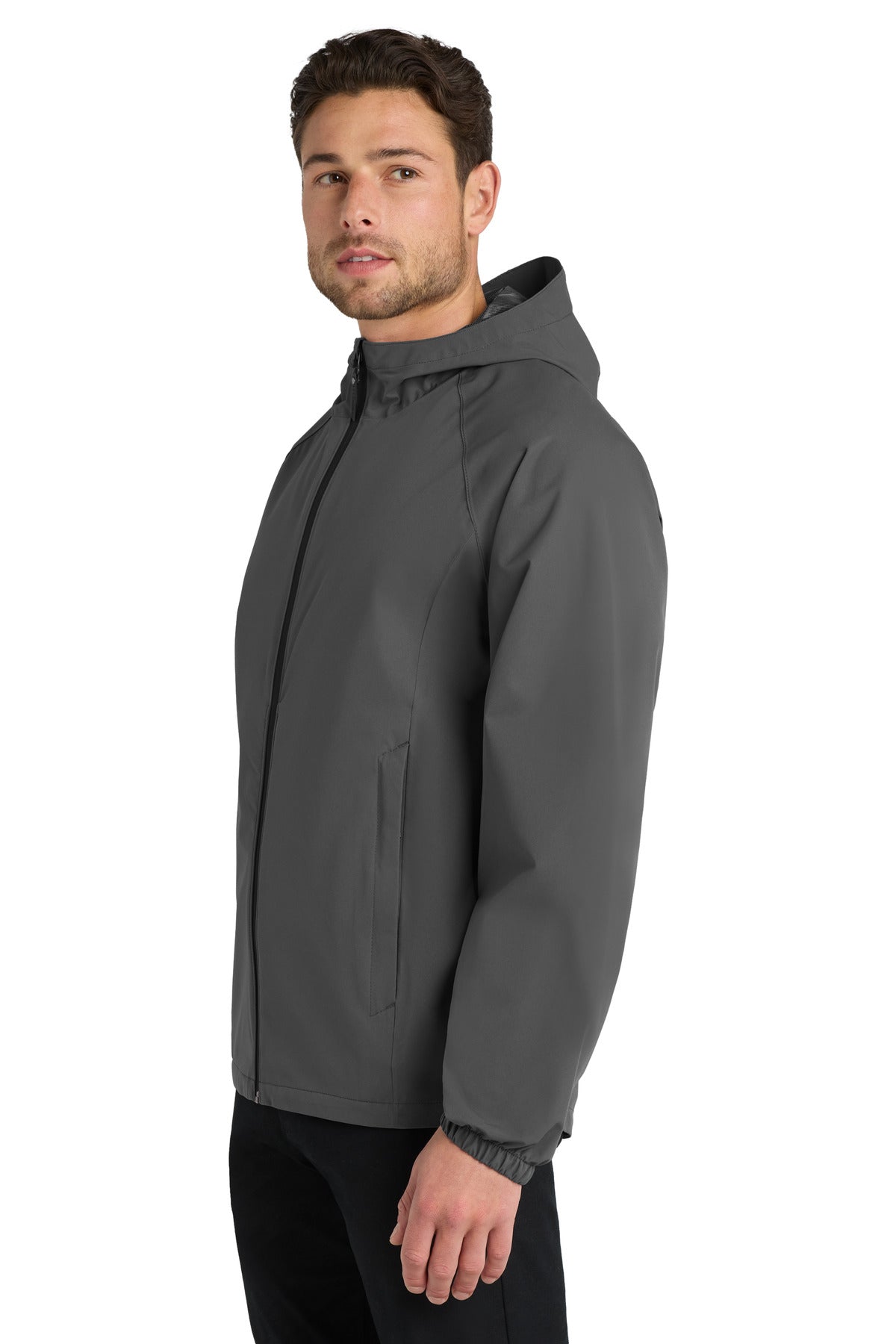 Left View of Graphite Grey Port Authority Essential Rain Jacket J407 plain