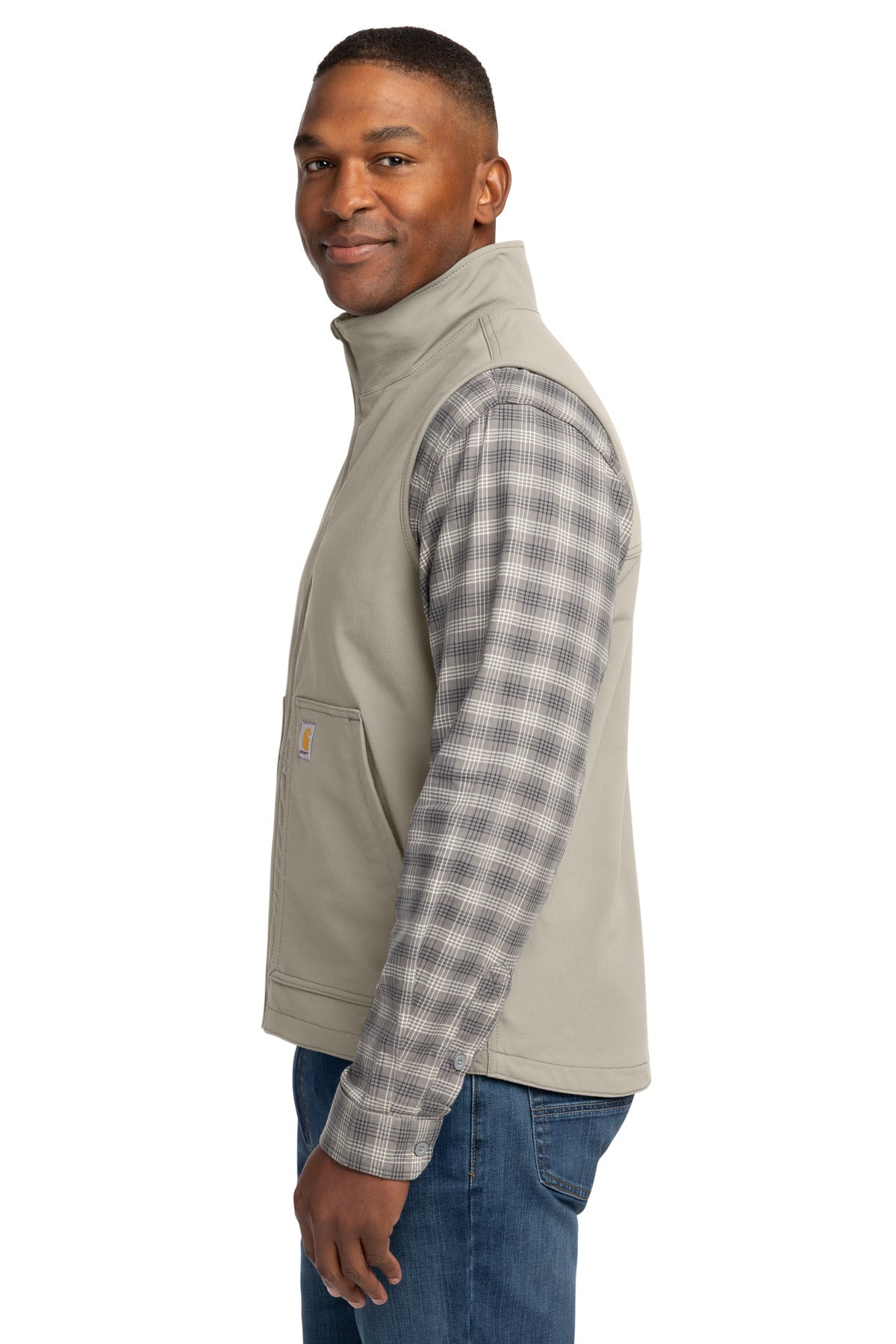 Left View of Greige Carhartt Super Dux Soft Shell Vest CT105535 plain