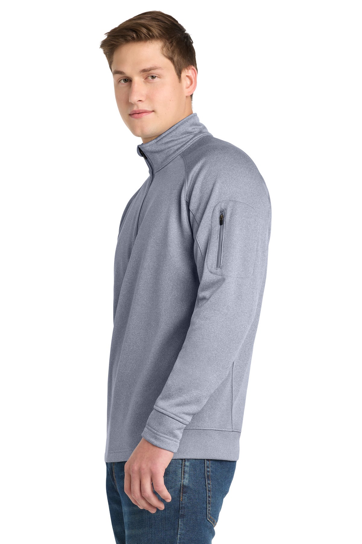 Left View of Grey Heather Sport-Tek Tech Fleece 1/4-Zip Pullover. F247 plain