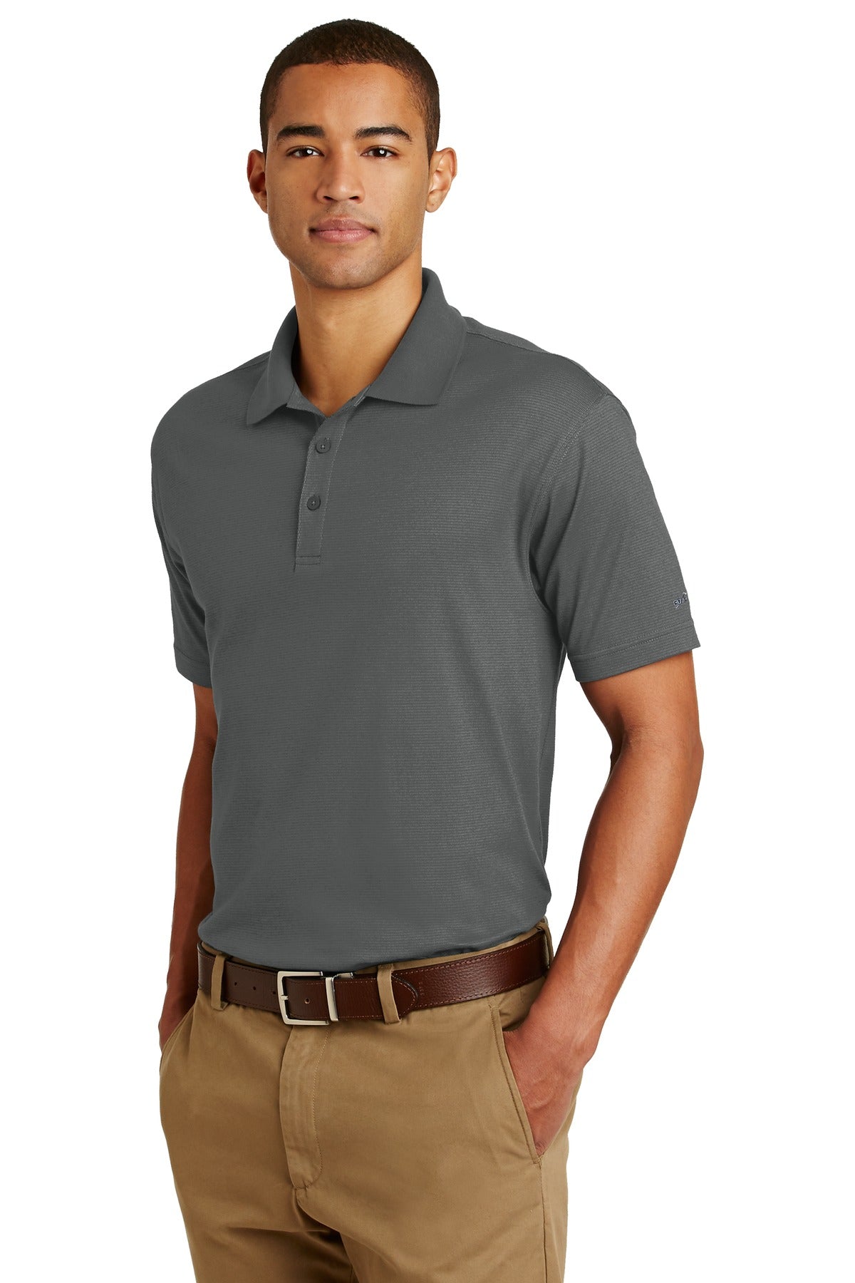 Left View of Grey Steel Eddie Bauer Performance Polo. EB102 plain