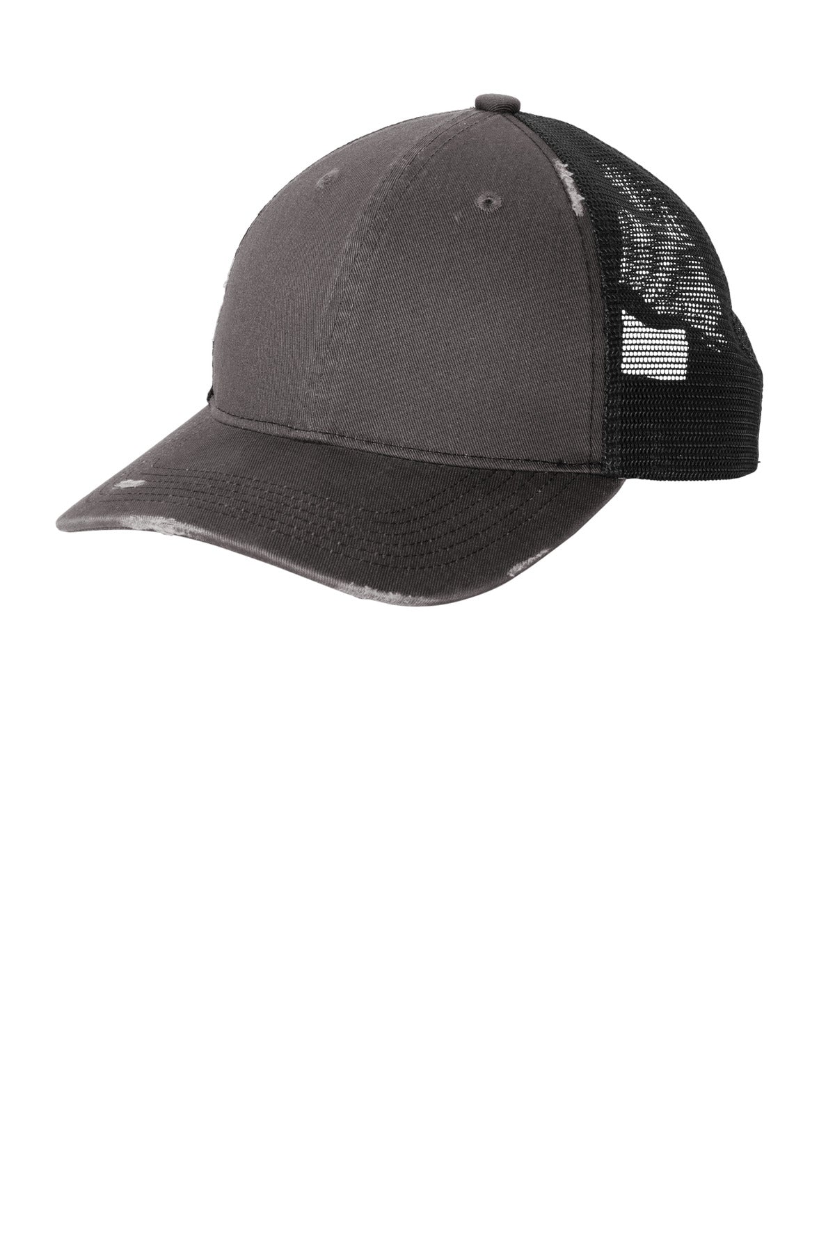 Left View of GyStl/Blk Port Authority Distressed Mesh Back Cap C600 plain