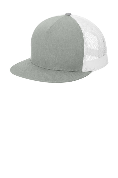 Left View of HtGy/White Sport-Tek YP Classics 5-Panel Classic Trucker Mesh Back Cap. STC38 plain