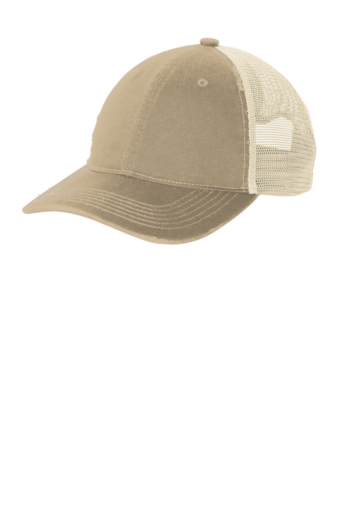 Left View of Khaki/Stn Port Authority Distressed Mesh Back Cap C600 plain