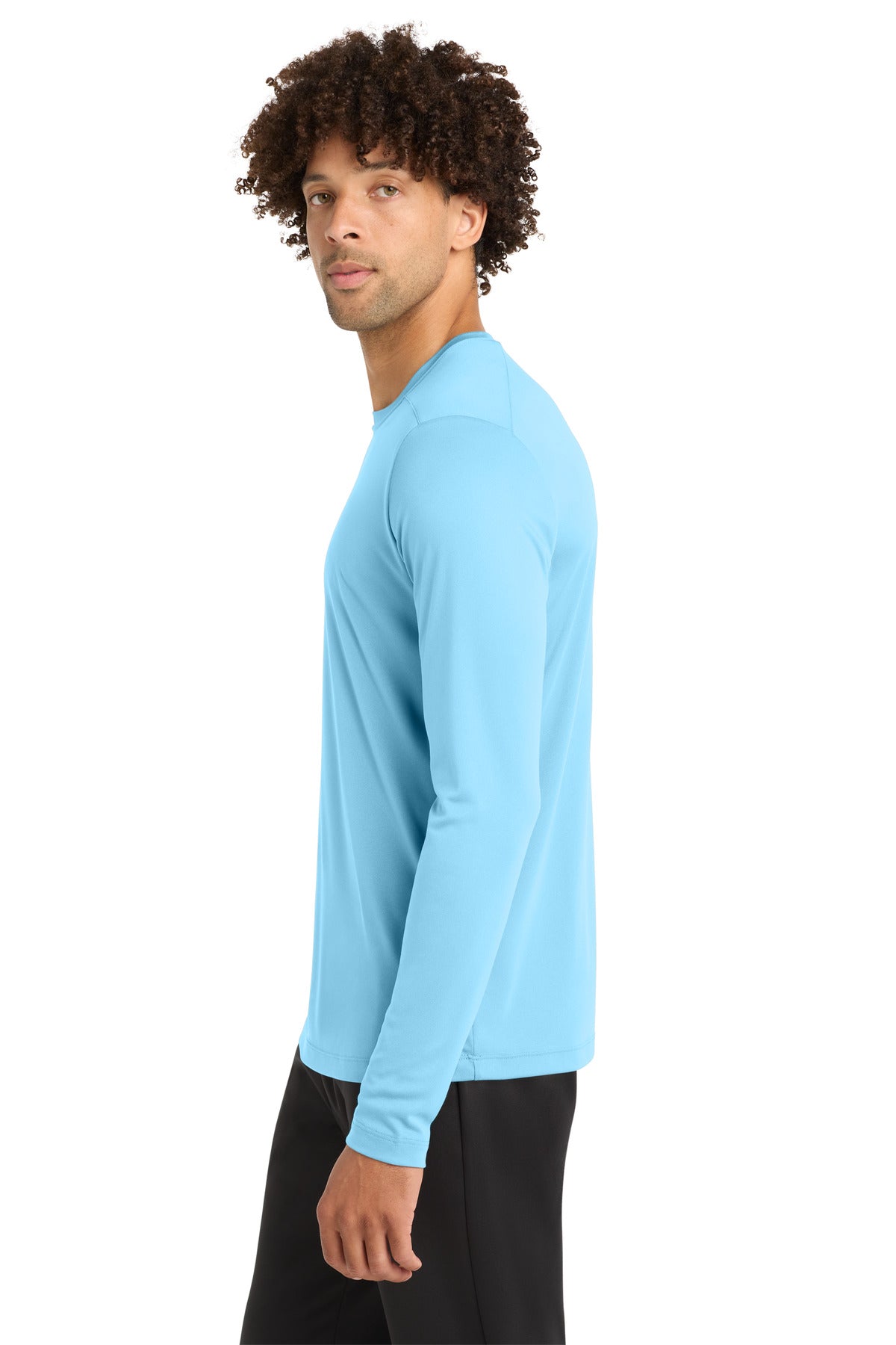 Left View of Light Blue Sport-Tek Posi-UV Pro Long Sleeve Tee. ST420LS plain