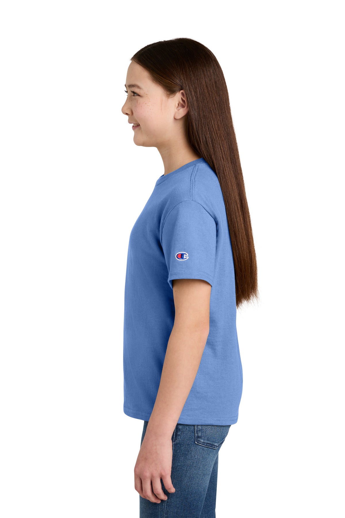 Left View of LightBlue Champion Youth Jersey Short Sleeve Tee CH1081 plain
