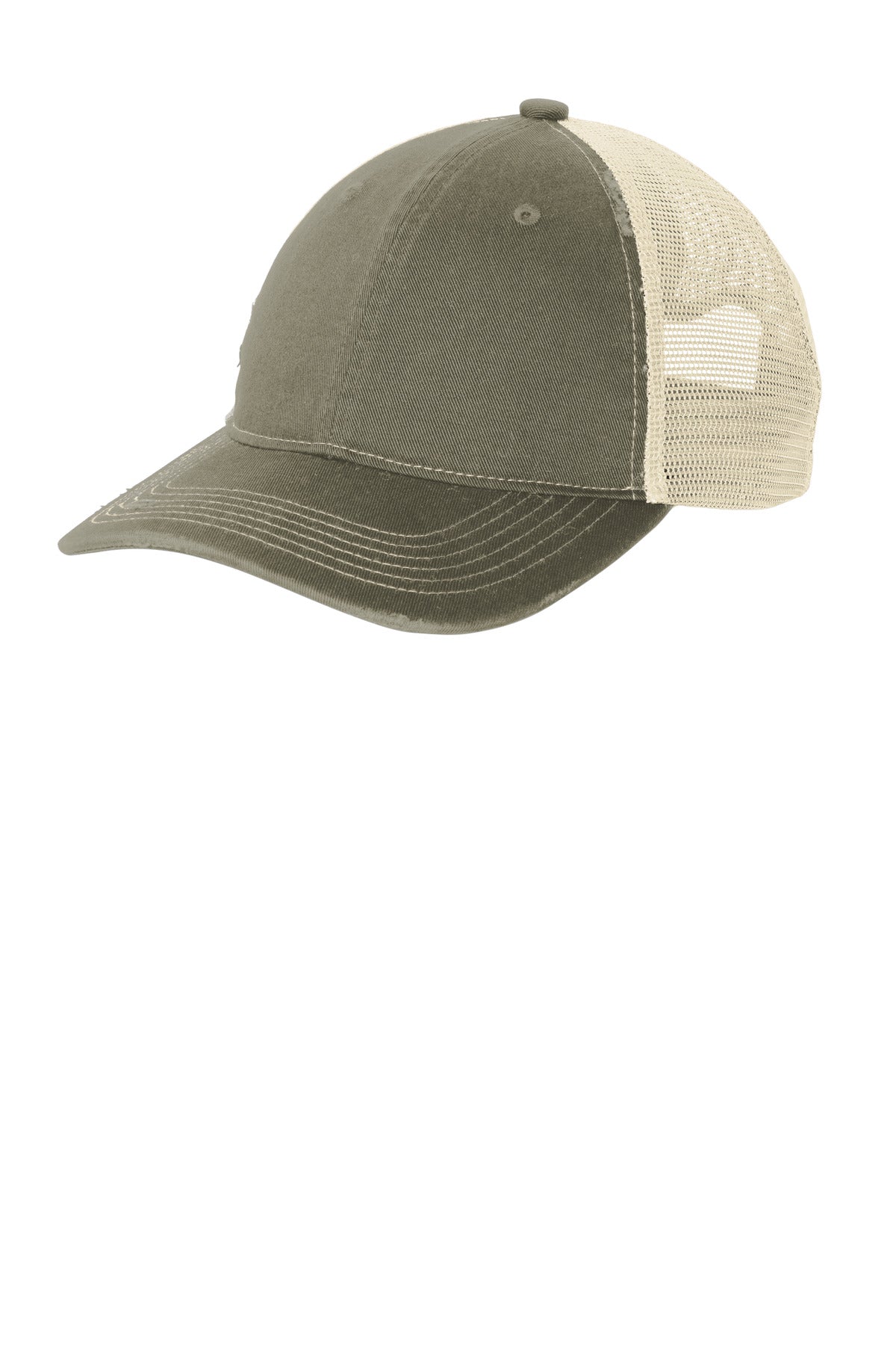 Left View of LOlive/Stn Port Authority Distressed Mesh Back Cap C600 plain