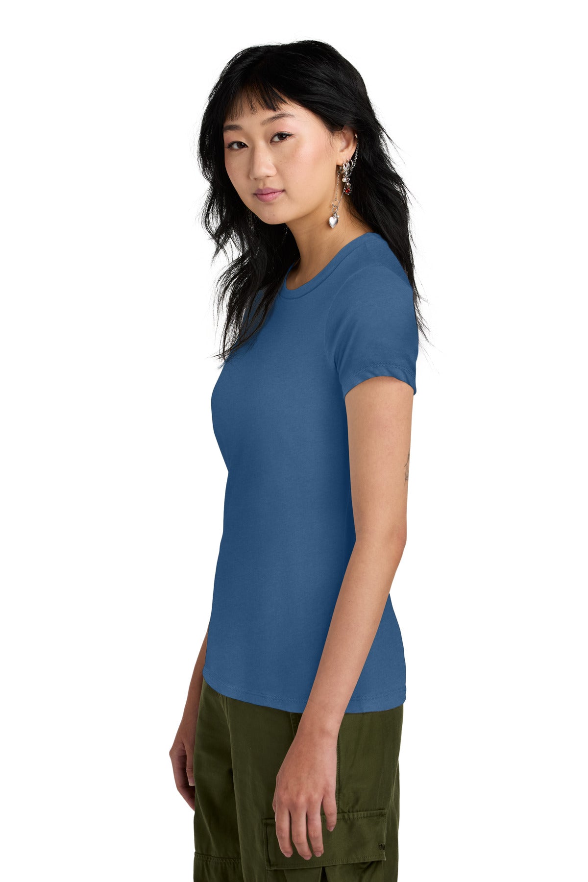Left View of Maritime Blue District Women's Perfect Weight Tee. DM104L plain