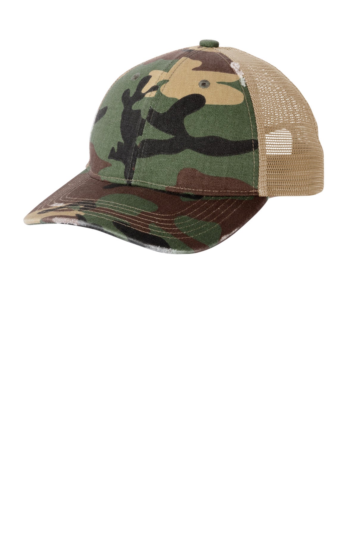 Left View of MlCamo/Khk Port Authority Distressed Mesh Back Cap C600 plain