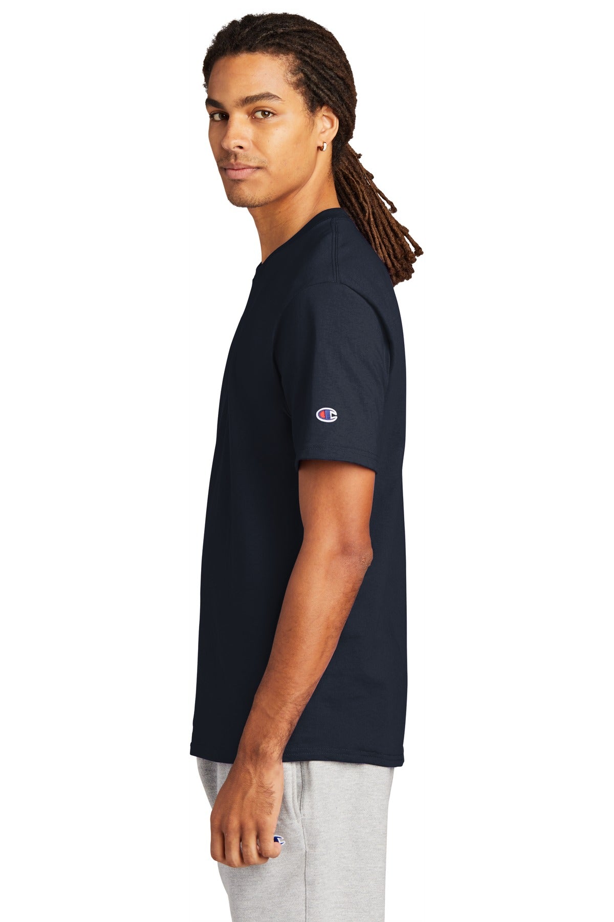 Left View of Navy Champion Heritage 6-Oz. Jersey Tee T425 plain