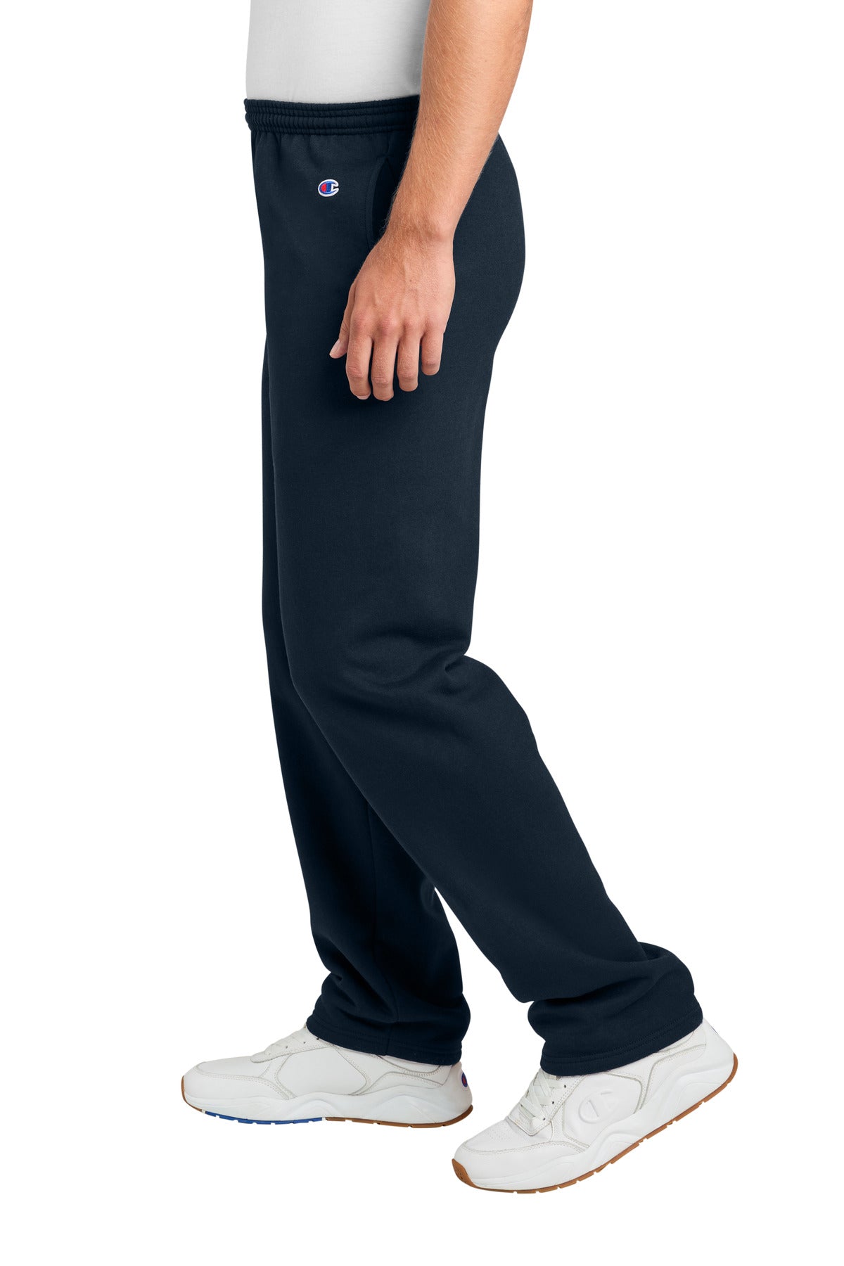 Left View of Navy Champion Powerblend Open Bottom Sweatpant P800 plain