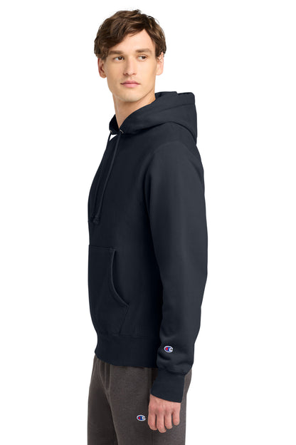 Left View of Navy Champion Reverse Weave Garment-Dyed Hooded Sweatshirt. GDS101 plain