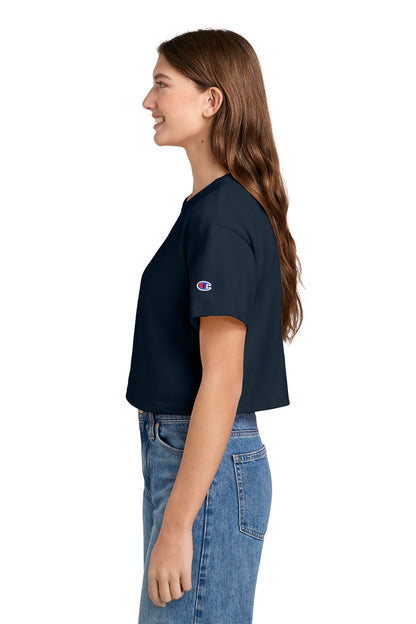 Left View of Navy Champion Women's Cropped Heritage Tee T453W plain