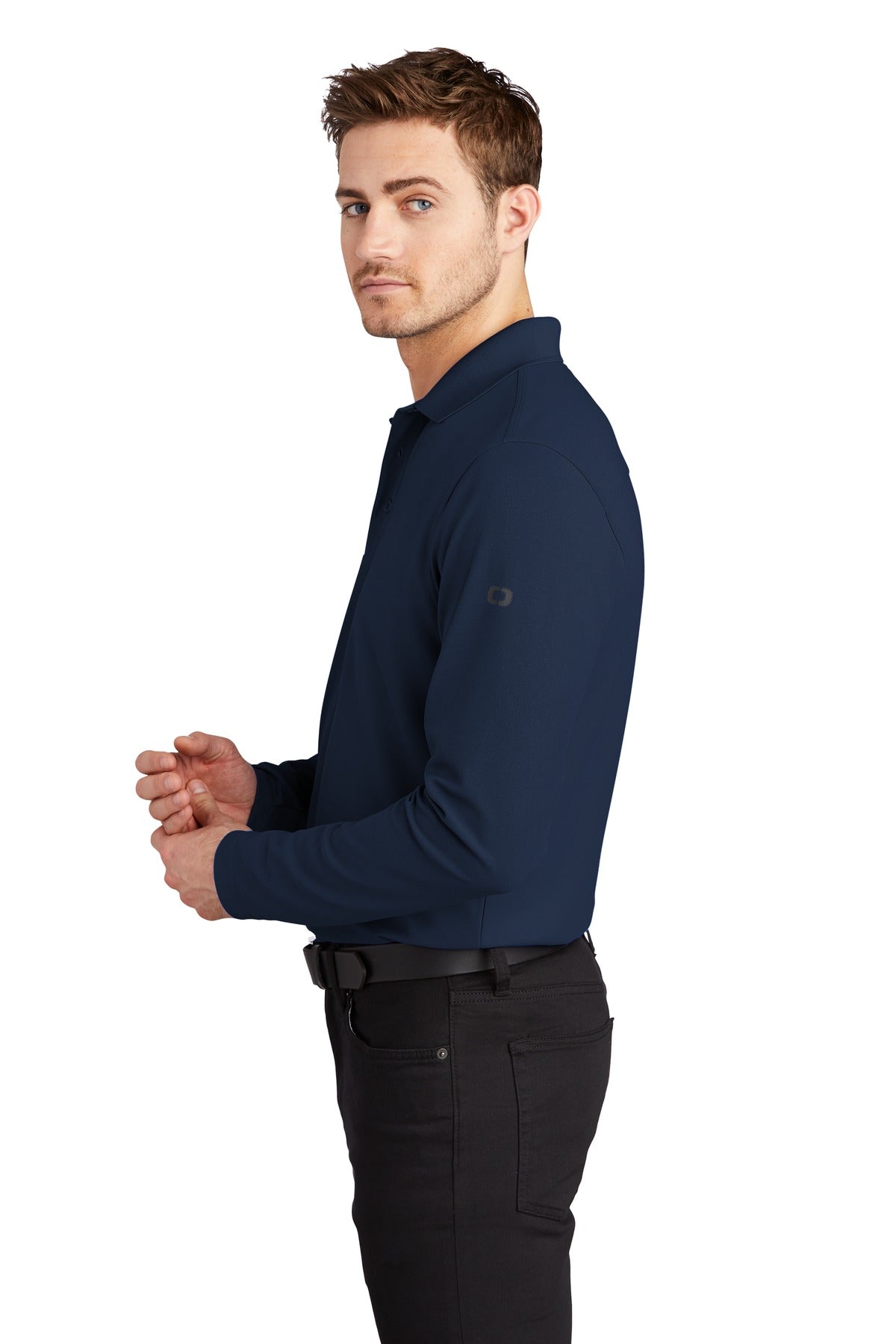 Left View of Navy OGIO Caliber2.0 Long Sleeve OG105 plain
