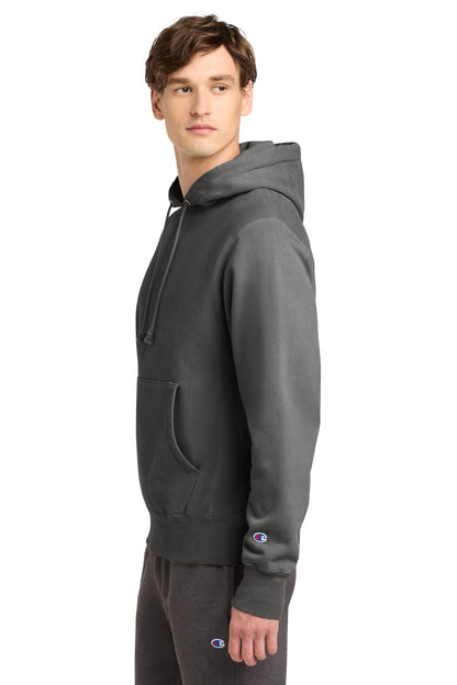 Left View of NwRailroad Champion Reverse Weave Garment-Dyed Hooded Sweatshirt. GDS101 plain