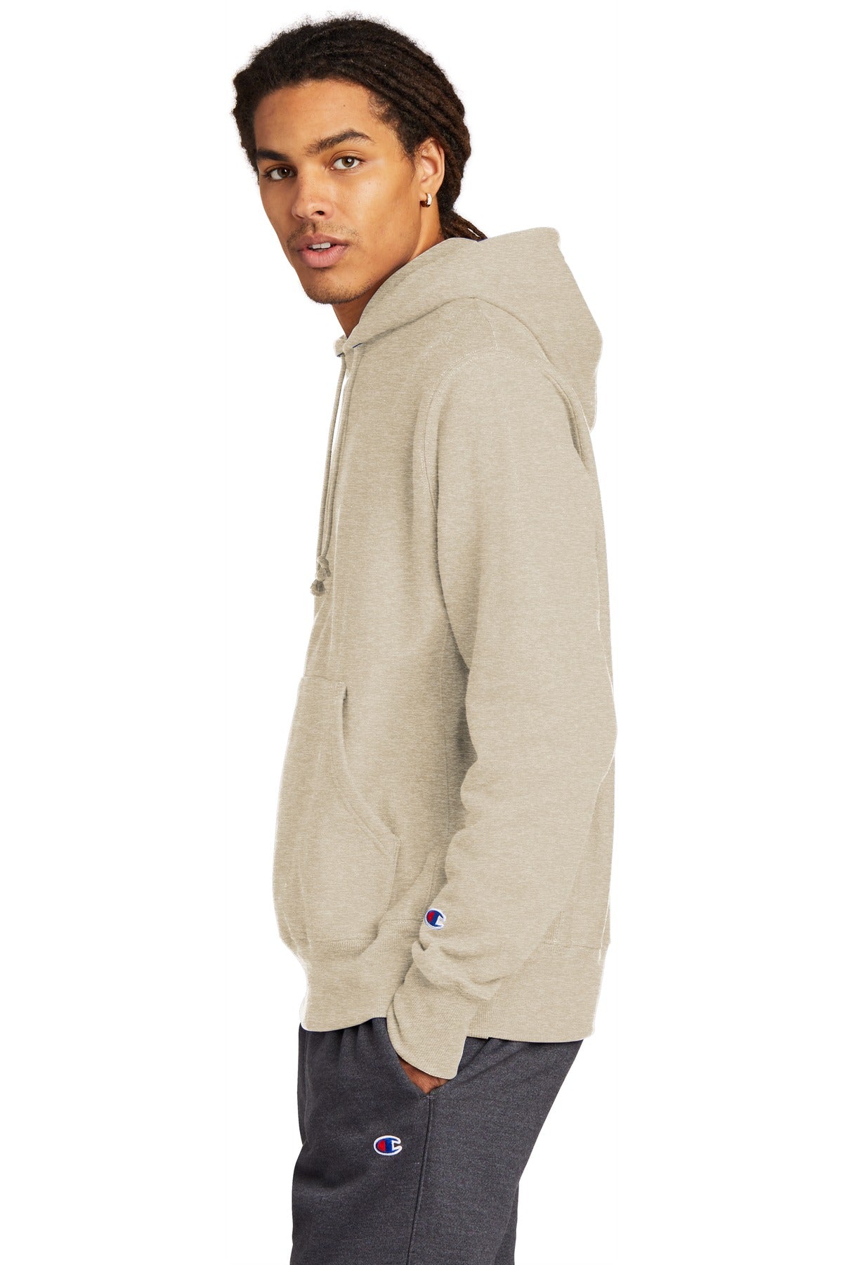 Left View of OatHthr Champion Reverse Weave Hooded Sweatshirt S101 plain