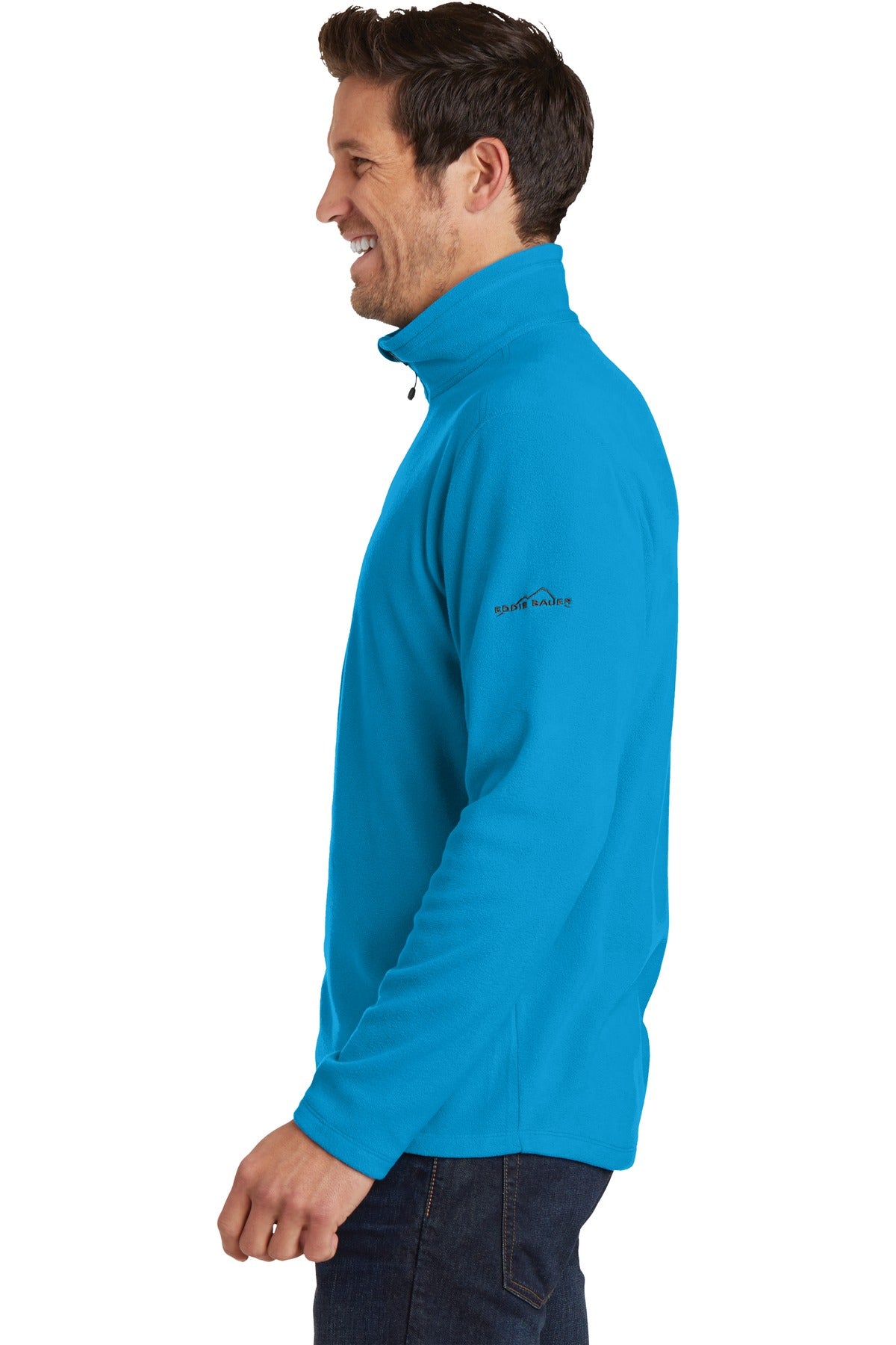 Left View of Peak Blue Eddie Bauer 1/2-Zip Microfleece Jacket. EB226 plain