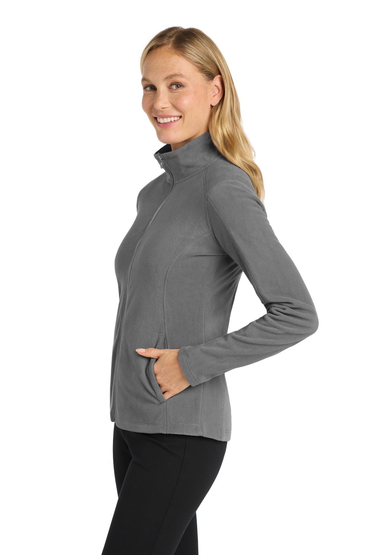 Left View of Pearl Grey Port Authority Women's Microfleece Jacket. L223 plain