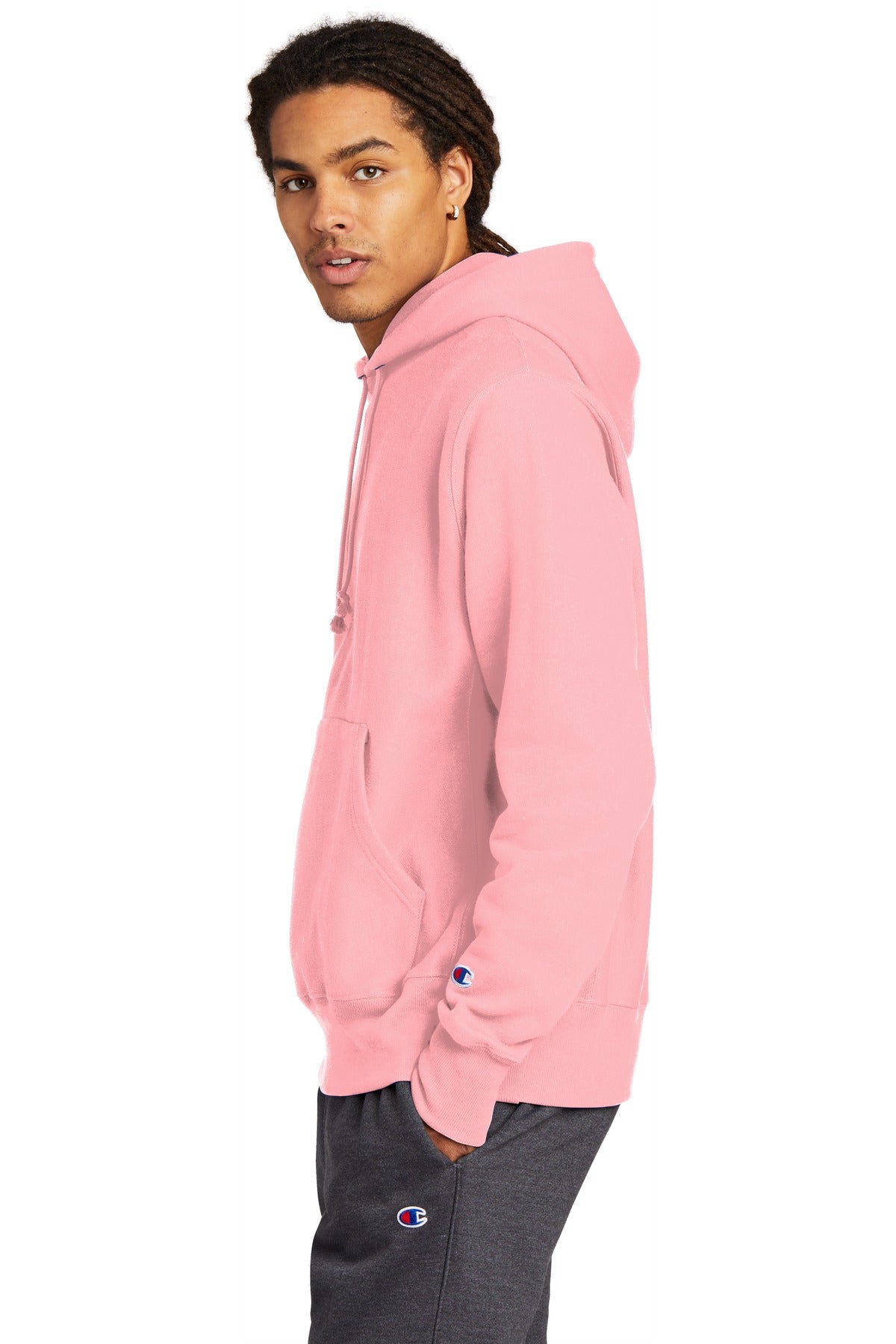 Left View of PinkCandy Champion Reverse Weave Hooded Sweatshirt S101 plain