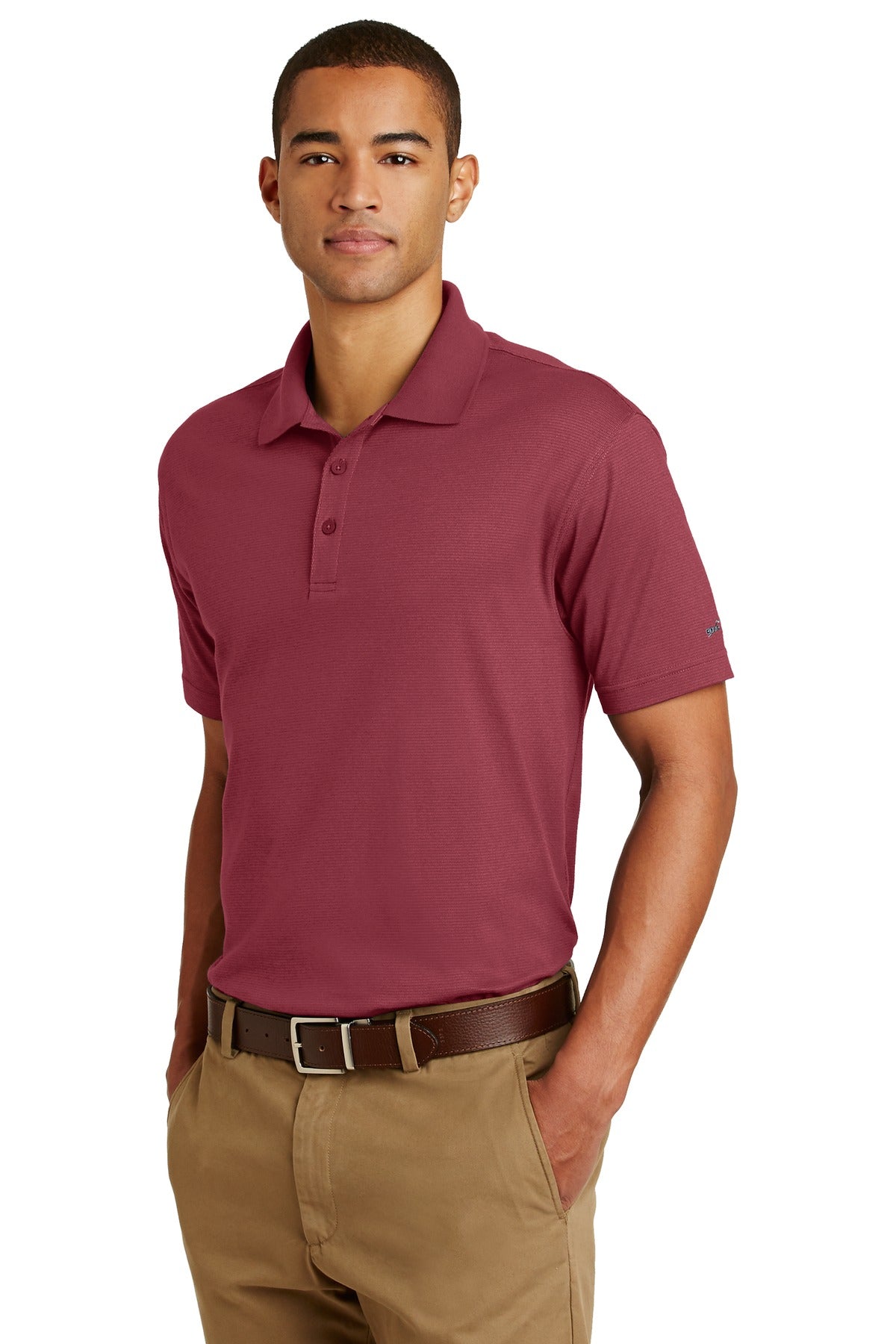 Left View of Red Rhubarb Eddie Bauer Performance Polo. EB102 plain
