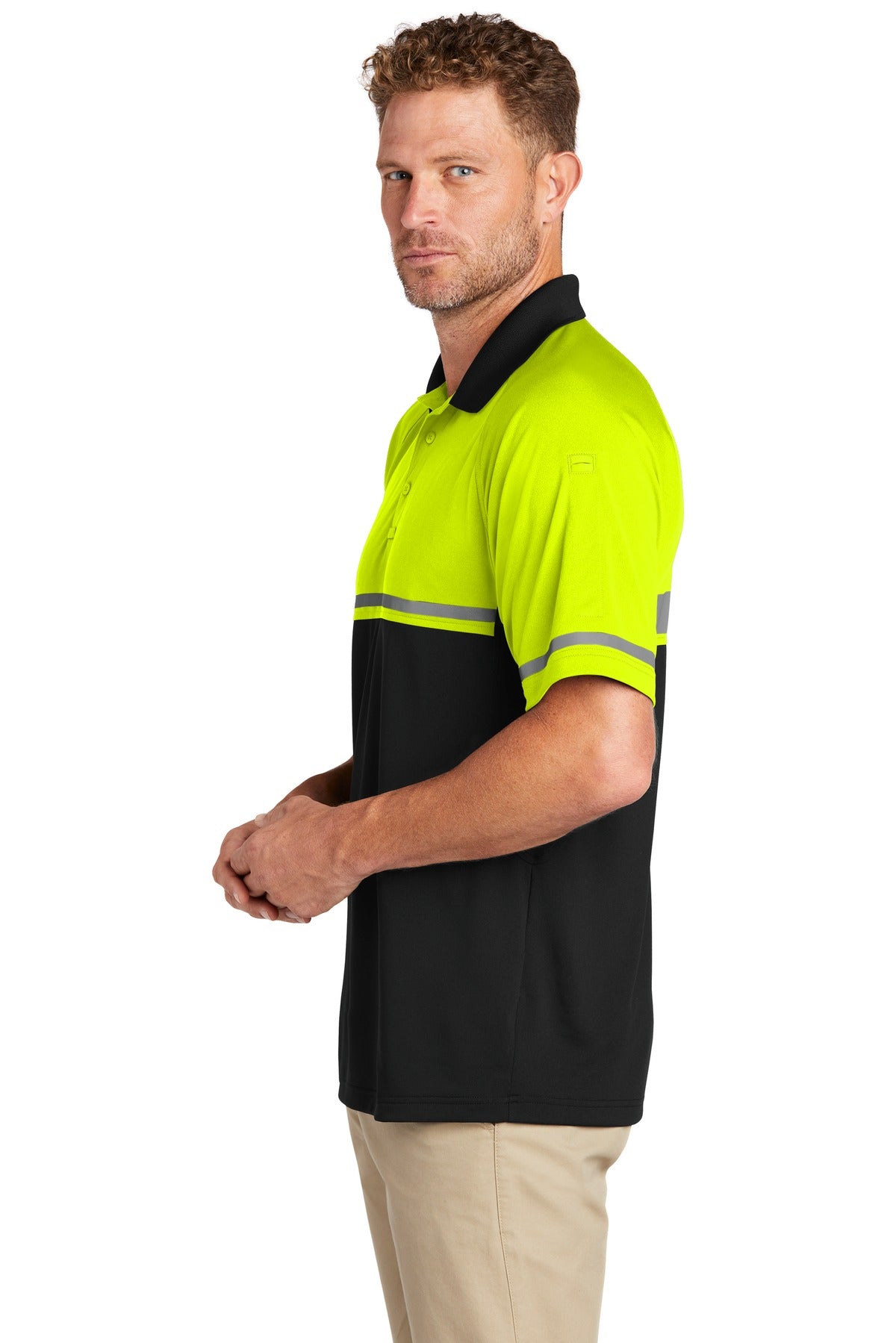 Left View of Safety Ylw/Blk CornerStone Select Lightweight Snag-Proof Enhanced Visibility Polo CS423 plain