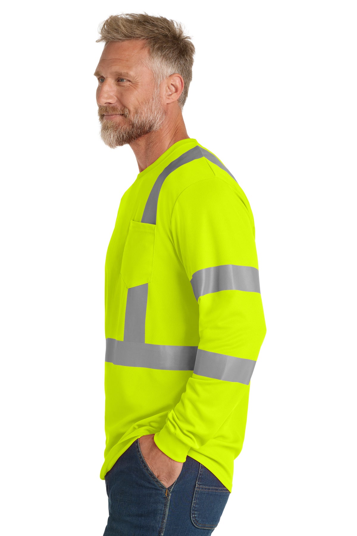 Left View of SftyYellow CornerStone ANSI 107 Class 3 Mesh Long Sleeve Tee. CS203 plain