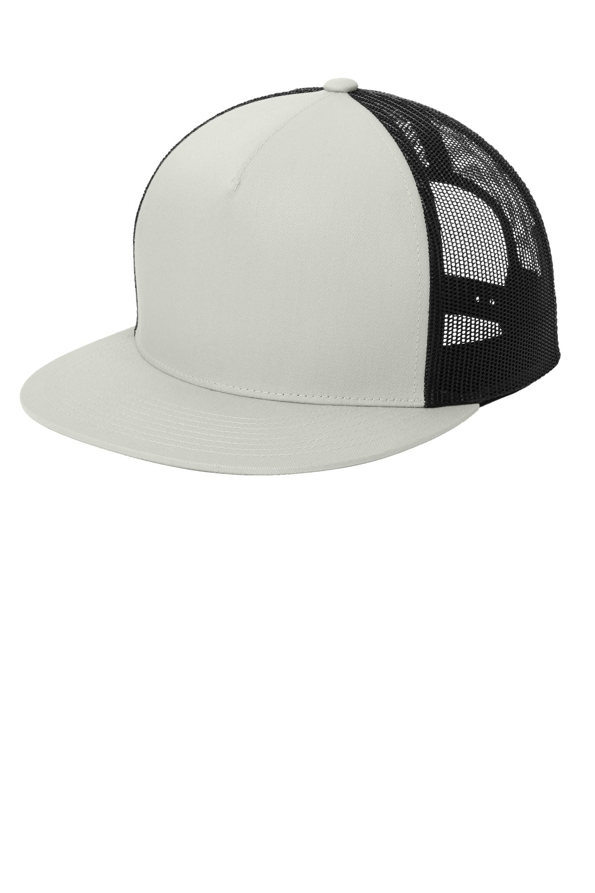 Left View of Silver/Blk Sport-Tek YP Classics 5-Panel Classic Trucker Mesh Back Cap. STC38 plain