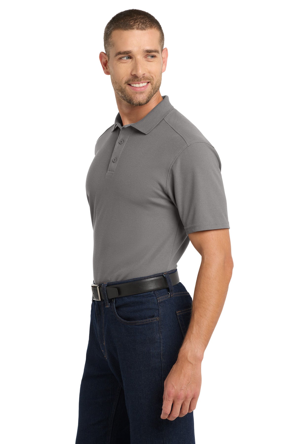Left View of Sterling Grey Port Authority EZPerformance Pique Polo. K600 plain
