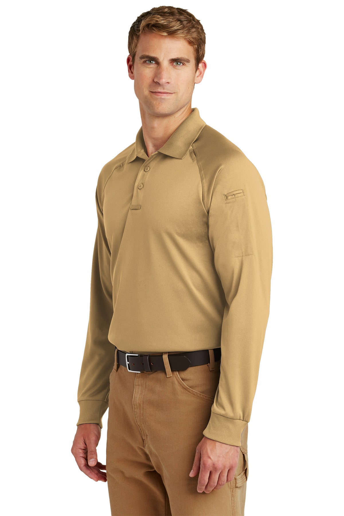 Left View of Tan CornerStone - Select Long Sleeve Snag-Proof Tactical Polo. CS410LS plain