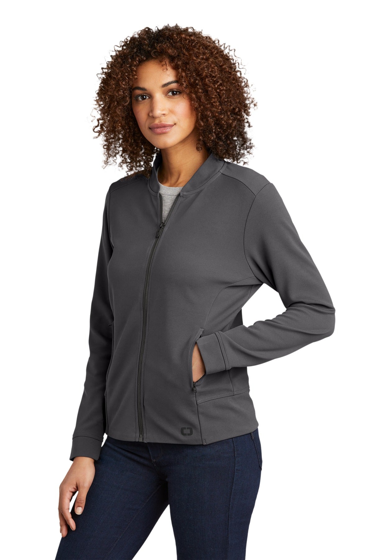 Left View of Tarmac Grey OGIO Women's Hinge Full-Zip. LOG820 plain