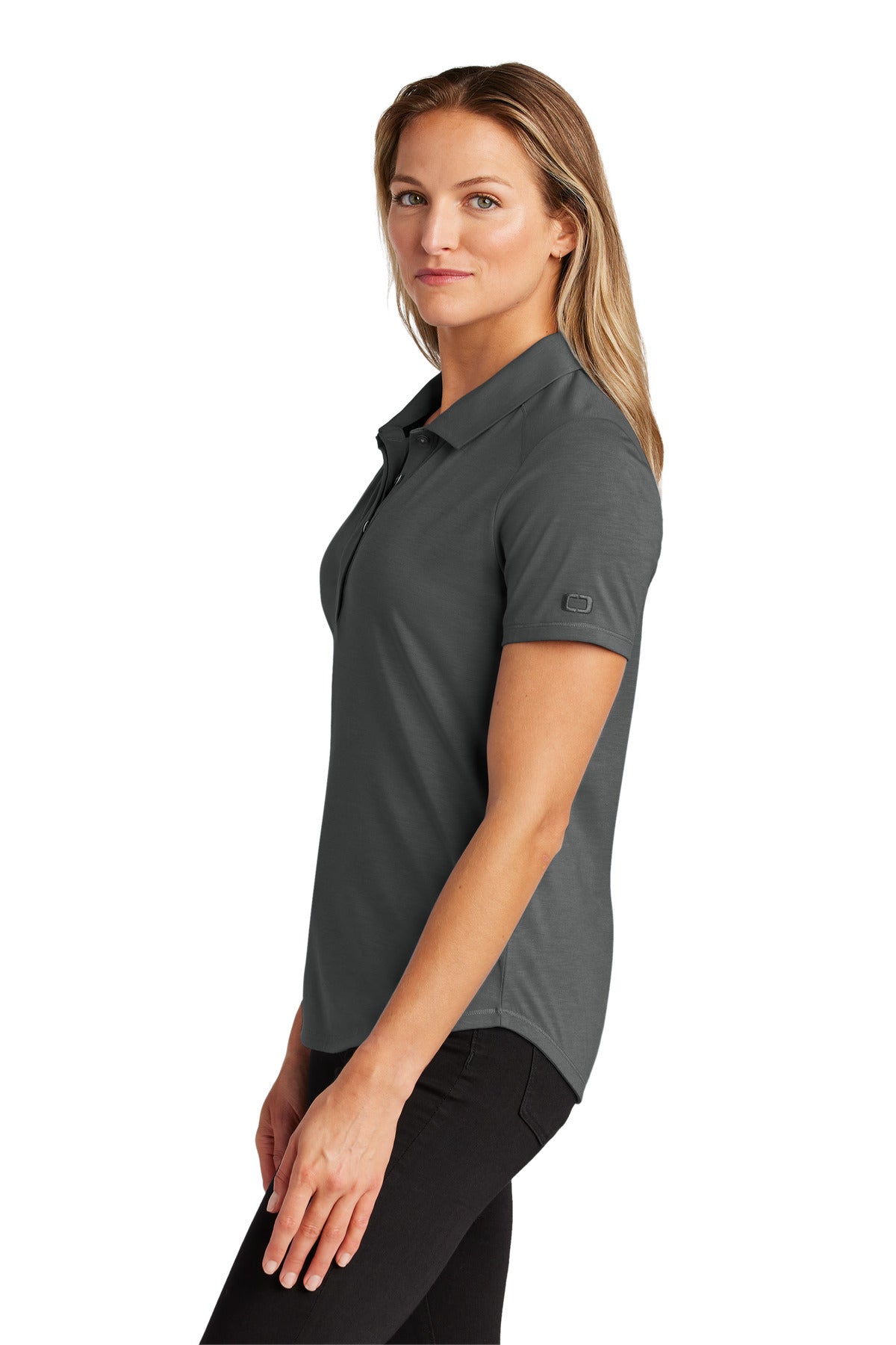 Left View of TarmacGrey OGIO Women's Motion Polo LOG152 plain