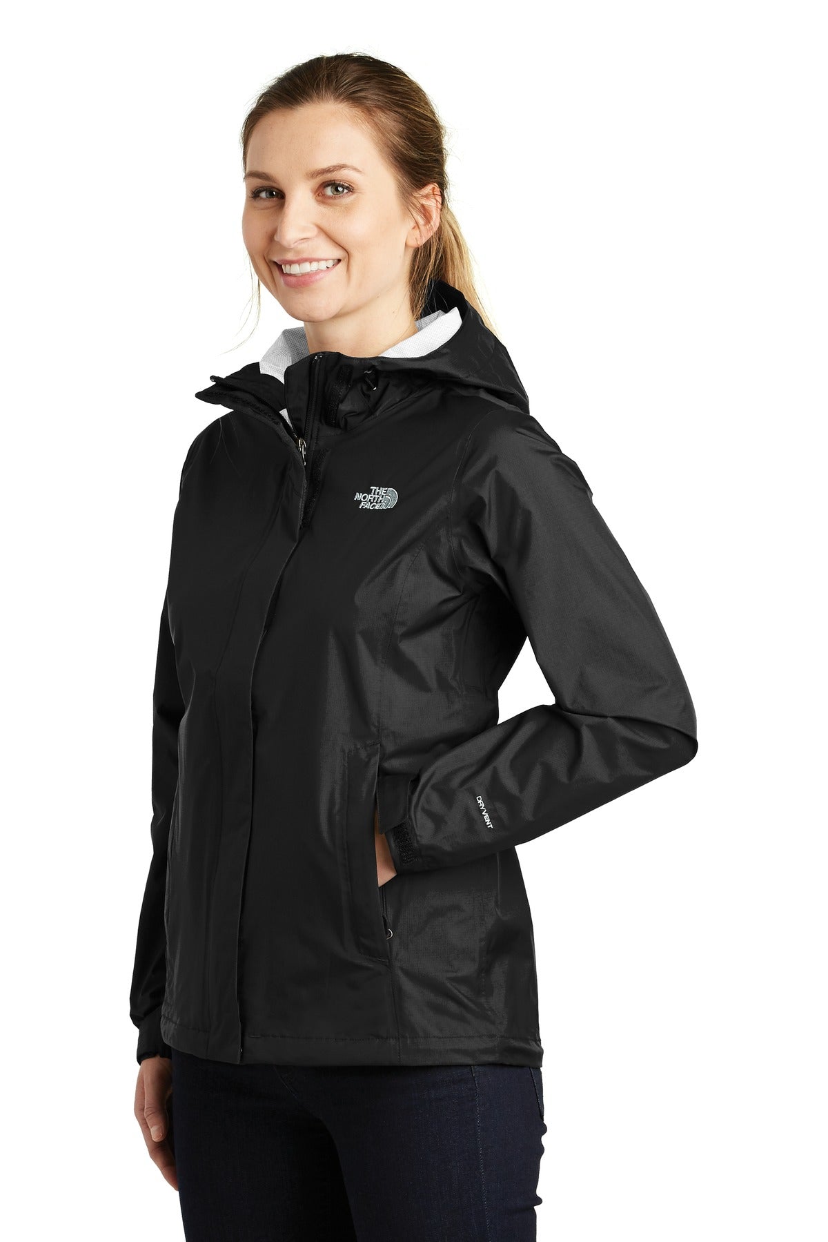 Left View of TNF Black The North Face Women's DryVent Rain Jacket. NF0A3LH5 plain