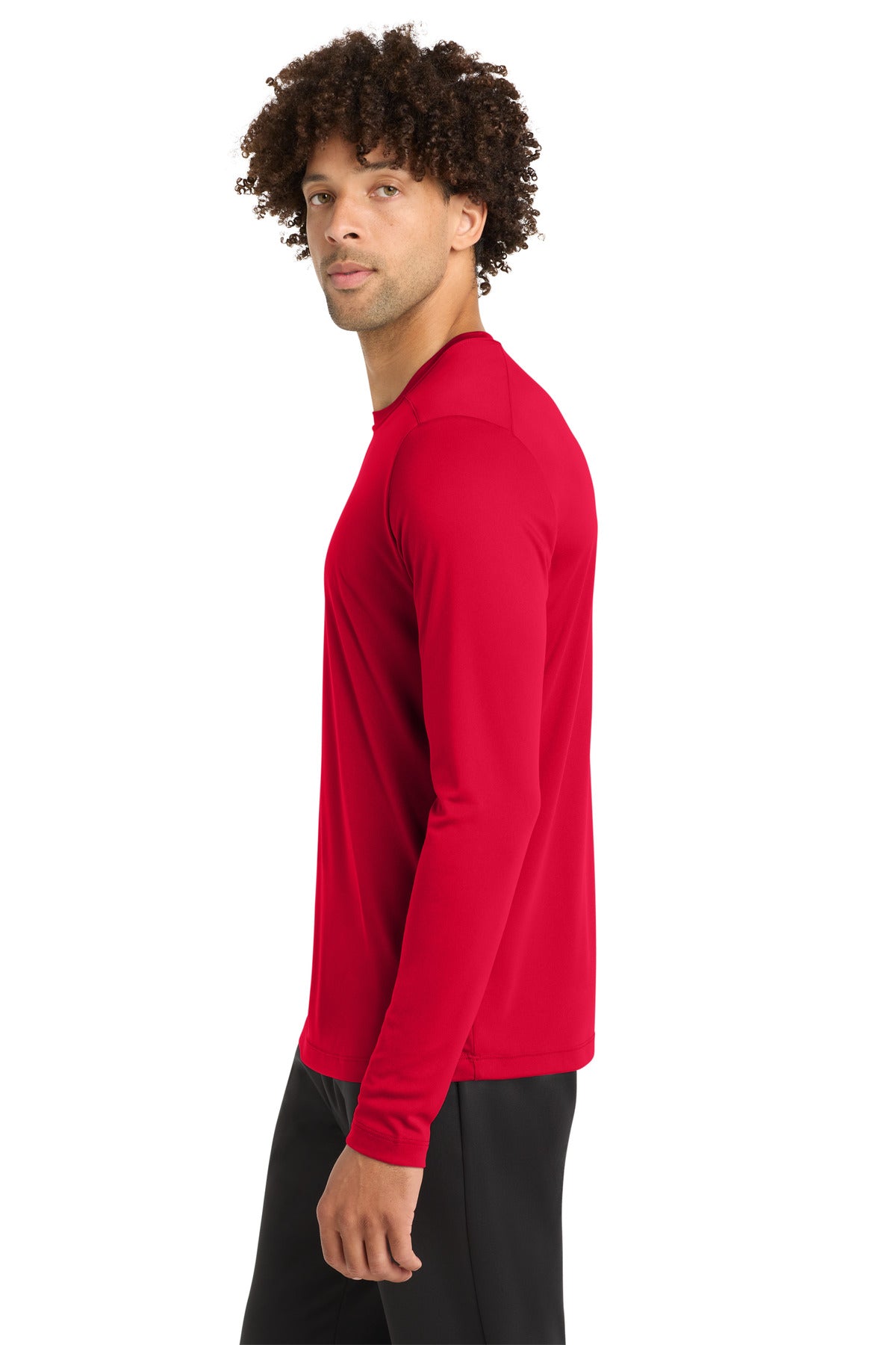 Left View of True Red Sport-Tek Posi-UV Pro Long Sleeve Tee. ST420LS plain