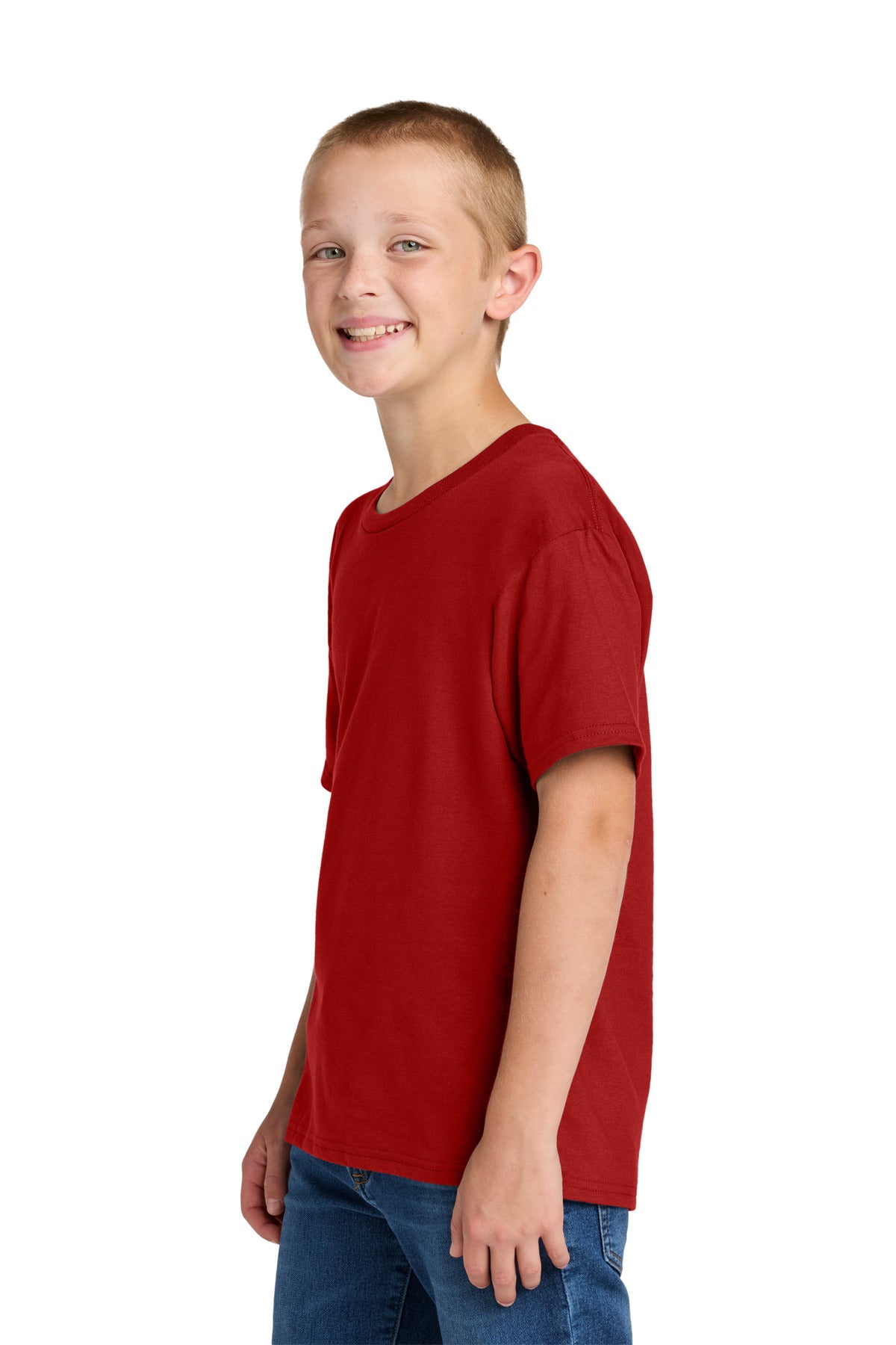 Left View of TrueRed Jerzees Ultimate Youth Ring Spun T-Shirt IC46B plain