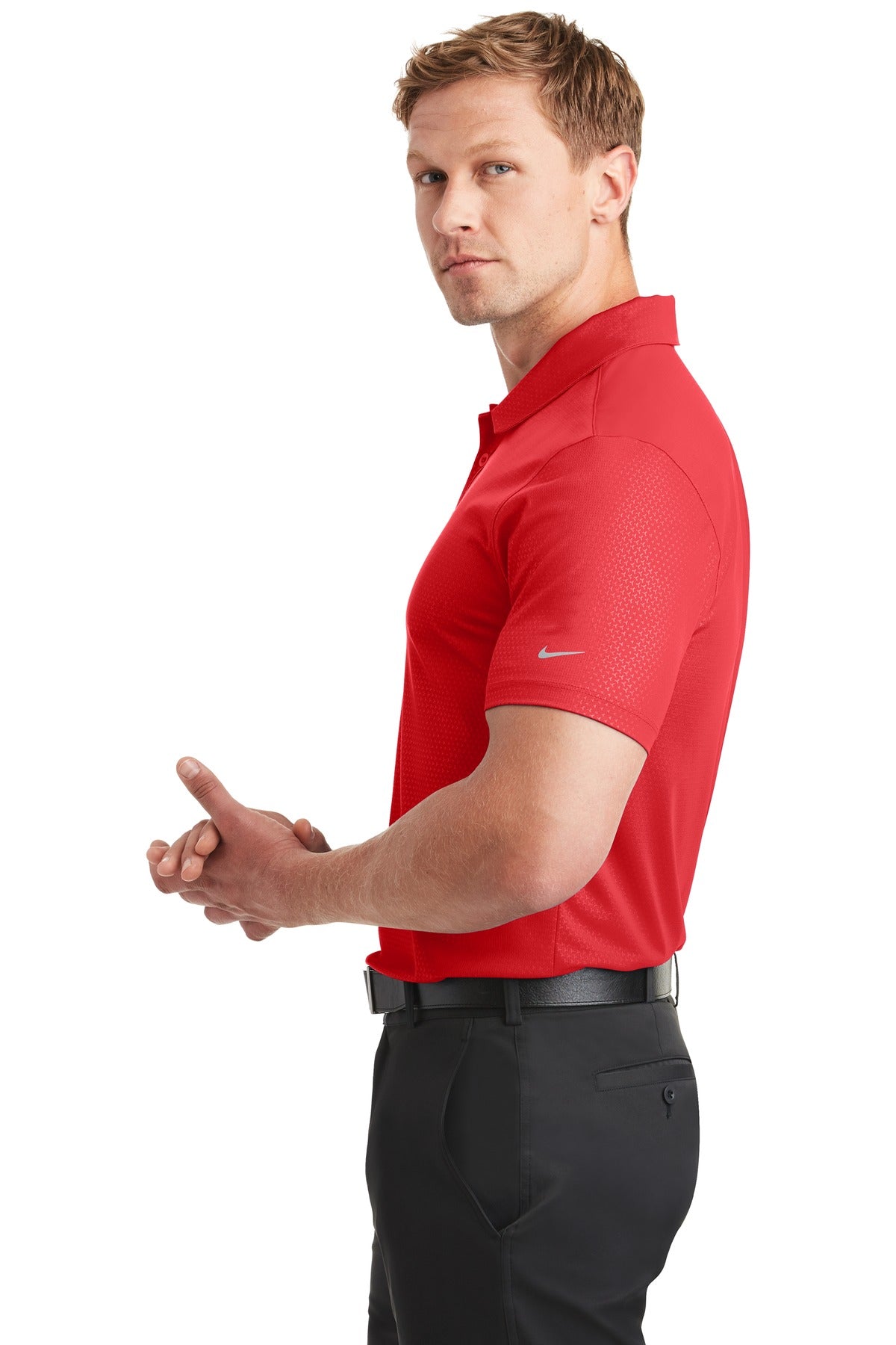 Left View of University Red Nike Dri-FIT Embossed Tri-Blade Polo. 838964 plain