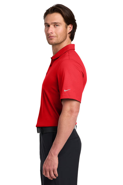 Left View of University Red Nike Dri-FIT Embossed Tri-Blade Polo. 838964 plain