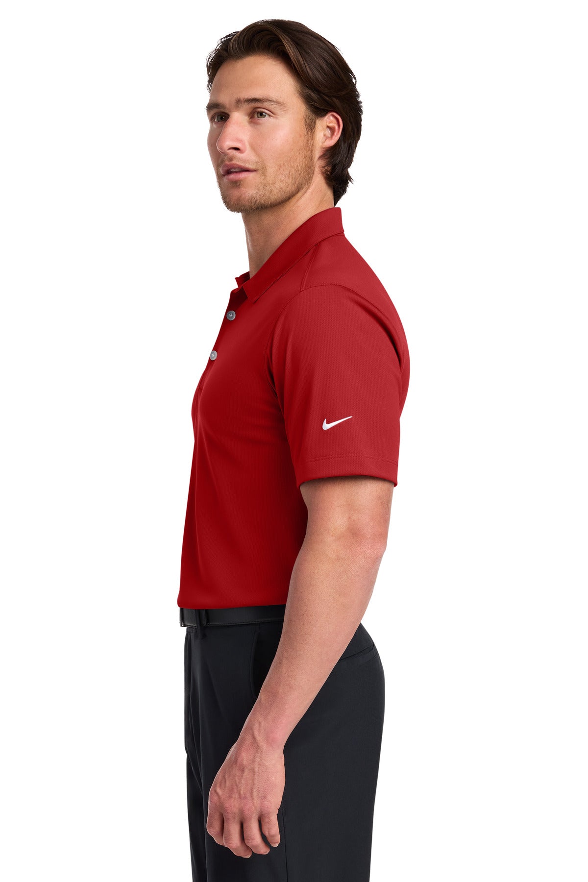 Left View of University Red Nike Dri-FIT Vertical Mesh Polo. 637167 plain