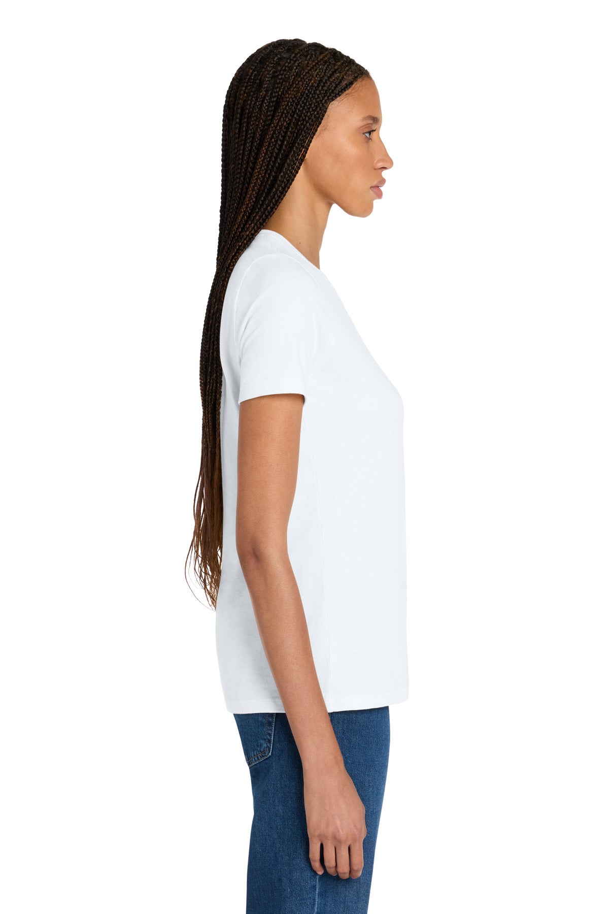 Left View of White BELLA+CANVAS Women's Relaxed Jersey Short Sleeve Tee. BC6400 plain
