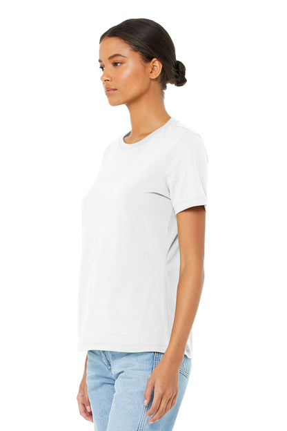 Left View of White BELLA+CANVAS Women's Relaxed Jersey Short Sleeve Tee. BC6400 plain