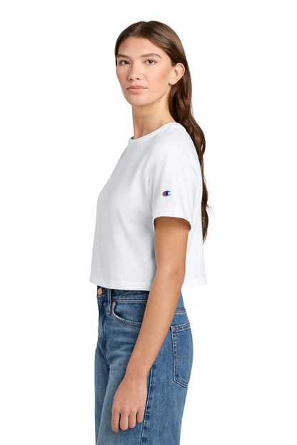 Left View of White Champion Women's Cropped Heritage Tee T453W plain